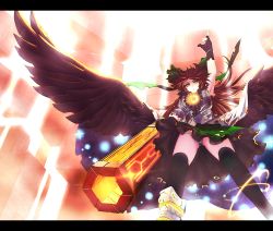 Rule 34 | 1girl, alternate weapon, arm cannon, arm up, asymmetrical footwear, backlighting, bad id, bad pixiv id, black thighhighs, black wings, bow, breasts, brown hair, burnt clothes, cape, frown, glowing, glowing eye, glowing eyes, green skirt, hair bow, hand up, highres, large wings, letterboxed, long hair, mismatched footwear, outstretched arm, outstretched hand, panties, puffy short sleeves, puffy sleeves, reiuji utsuho, rouge16, serious, short sleeves, skirt, solo, sparkle, star (sky), striped clothes, striped panties, sunlight, thighhighs, touhou, underwear, weapon, wind, wings, yellow eyes
