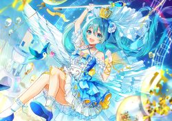 Rule 34 | 1girl, :d, absurdres, arm up, bad id, bad pixiv id, balloon, bare shoulders, beamed eighth notes, blue dress, blue eyes, blue footwear, blue hair, commentary, crown, day, dress, eighth note, feathered wings, floating hair, frilled legwear, full body, goroo (eneosu), hair between eyes, hatsune miku, high heels, highres, holding, holding wand, long hair, mini crown, musical note, open mouth, outdoors, quarter note, revision, ribbon-trimmed legwear, ribbon trim, shoe soles, shoes, smile, solo, twintails, very long hair, vocaloid, wand, white legwear, wings