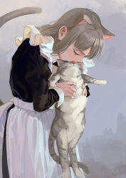 Rule 34 | 1girl, animal, animal ears, apron, black dress, blue background, cat, cat ears, cat girl, cat tail, closed eyes, collared dress, dress, frilled apron, frills, grey cat, grey hair, grey tail, holding, holding animal, juliet sleeves, kiss, kissing animal, kn rookie, long sleeves, maid, medium hair, original, puffy sleeves, sidelocks, solo, tail, upper body, white apron