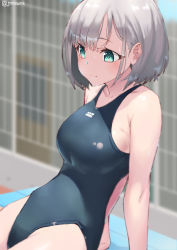 Rule 34 | 1girl, bench, black one-piece swimsuit, breasts, commentary request, competition swimsuit, cowboy shot, day, fence, green eyes, highres, jonsun, medium breasts, one-piece swimsuit, original, outdoors, short hair, silver hair, sitting, smile, solo, swimsuit, twitter username