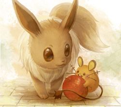 Rule 34 | apple, brown eyes, brown fur, closed mouth, commentary request, creatures (company), dedenne, eevee, fang, food, fruit, game freak, gen 1 pokemon, gen 6 pokemon, highres, holding, holding food, holding fruit, nintendo, no humans, open mouth, pokemon, pokemon (creature), smile, standing, toes, yamori (stom)