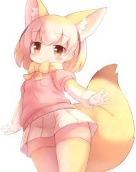 Rule 34 | 10s, 1girl, animal ears, blonde hair, blush, bow, bowtie, breast pocket, breasts, commentary request, elbow gloves, extra ears, fennec (kemono friends), fox ears, fox tail, fur trim, gloves, kemono friends, light smile, matsuu (akiomoi), multicolored hair, pink sweater, pleated skirt, pocket, simple background, skirt, small breasts, solo, standing, sweater, tail, tareme, thighhighs, white background, white hair, white skirt, yellow bow, yellow bowtie, yellow thighhighs, zettai ryouiki