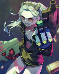 Rule 34 | 1girl, artificial eye, black bra, black jacket, blue lips, bra, breasts, colored sclera, colored skin, commentary, cyberpunk (series), cyberpunk edgerunners, dual wielding, english commentary, fewer digits, finger on trigger, grey hair, grin, highres, holding, holding weapon, jacket, leg tattoo, long hair, looking at viewer, mechanical eye, mechanical hands, neck tattoo, partially unzipped, rebecca (cyberpunk), red pupils, red sclera, samurai jacket (cyberpunk), shell casing, simple background, small breasts, smile, solo, stomach tattoo, tattoo, tesin (7aehyun), twintails, underwear, weapon, white skin, yellow eyes