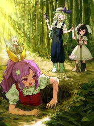 Rule 34 | 4girls, :3, animal ears, bamboo, bamboo forest, black hair, blonde hair, blush, carrot necklace, closed eyes, closed mouth, dress, feathered wings, forest, grey jacket, hair ribbon, hat, highres, howhow notei, inaba tewi, jacket, jewelry, kishin sagume, long hair, long sleeves, multiple girls, nature, necklace, open clothes, open jacket, open mouth, pinafore dress, ponytail, purple dress, purple hair, rabbit ears, red dress, red eyes, ribbon, shirt, short hair, short sleeves, shovel, siblings, single wing, sisters, sleeveless dress, smile, touhou, watatsuki no toyohime, watatsuki no yorihime, white hair, white headwear, white shirt, white wings, wings, yellow ribbon