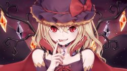 Rule 34 | 1girl, alternate costume, bare shoulders, black cape, black collar, black hat, blonde hair, bow, cape, collar, commentary request, cross-laced clothes, crystal, detached sleeves, eyes visible through hair, fangs, flandre scarlet, hair between eyes, hand up, hat, hat bow, high collar, index finger raised, light particles, long hair, looking at viewer, mob cap, nail polish, one side up, open mouth, red bow, red cape, red eyes, red nails, red ribbon, ribbon, slit pupils, smile, solo, spaghetti strap, tongue, tongue out, torinari (dtvisu), touhou, upper body, wings, yellow nails