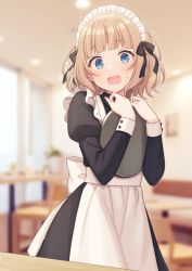 Rule 34 | 1girl, alternate costume, apron, black dress, blue eyes, blurry, blurry background, blush, chair, commentary request, depth of field, dress, enmaided, frilled apron, frills, hands up, holding, holding tray, indie virtual youtuber, indoors, juliet sleeves, light brown hair, long sleeves, looking at viewer, maid, maid apron, maid headdress, open mouth, puffy sleeves, shiratori kurumi, shiromikan, solo, table, tray, virtual youtuber, wavy mouth, white apron