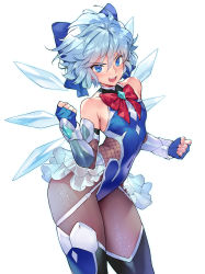Rule 34 | 1girl, alternate costume, bare shoulders, blue bow, blue eyes, blue hair, blush, bow, bowtie, cirno, clenched hands, commentary request, commission, flat chest, hair bow, highres, ice, looking at viewer, matsuda (matsukichi), neck ribbon, open mouth, pantyhose, red bow, red bowtie, ribbon, short hair, simple background, skeb commission, smile, solo, standing, taimanin (series), taimanin suit, teeth, touhou, upper teeth only, white background, wings