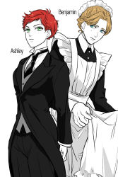 Rule 34 | 1boy, 1girl, androgynous, arms behind back, bad id, bad tumblr id, blonde hair, butler, character name, crossdressing, female butler, freckles, green eyes, highres, maid, maid headdress, mole, mole under eye, monochrome, necktie, nezumoto, original, red hair, role reversal, short hair, simple background, skirt hold, spot color, victorian maid