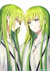 Rule 34 | 1other, artist name, closed mouth, collarbone, ede, enkidu (fate), eyes visible through hair, fate/grand order, fate (series), from side, green eyes, green hair, hair between eyes, highres, kingu (fate), long hair, looking at another, robe, simple background, smile, trap, twitter username, upper body, very long hair, white background
