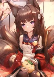 Rule 34 | &gt; &lt;, 0 0, 1girl, absurdres, amagi-chan (azur lane), animal ear fluff, animal ears, azur lane, bare shoulders, blush, brown hair, brown pantyhose, child, closed mouth, commentary request, creature, detached sleeves, fox ears, fox girl, fox tail, hair intakes, highres, japanese clothes, large tail, leaf, long hair, long sleeves, looking at viewer, manjuu (azur lane), multiple tails, nekoya (liu), pantyhose, petals, petting, purple eyes, red ribbon, ribbon, sitting, solo focus, tail, tassel, two side up, very long hair, wide sleeves