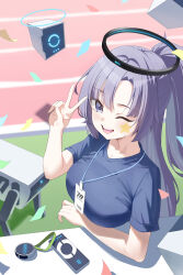 Rule 34 | 1girl, absurdres, blue archive, blue shirt, blush, breasts, drone, facial mark, highres, id card, large breasts, long hair, looking at viewer, official alternate costume, one eye closed, open mouth, purple eyes, purple hair, shirt, short sleeves, smile, solo, star (symbol), v, winterflower, yuuka (blue archive), yuuka (track) (blue archive)