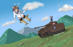 Rule 34 | 2girls, anglerfish, animal ears, artist request, blush, breasts, brown eyes, brown hair, caterpillar tracks, cloud, commentary, crossover, day, emblem, english commentary, fish, girls und panzer, grass, highres, military, military vehicle, miyafuji yoshika, motor vehicle, mountain, multiple girls, nishizumi miho, ooarai (emblem), ooarai military uniform, panzer iv, panzer iv, short hair, sky, smile, strike witches, tank, twitter username, world witches series