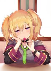 Rule 34 | absurdres, blonde hair, breasts, candy, character request, food, green necktie, hair between eyes, half-closed eyes, highres, holding, holding food, jitome, large breasts, lollipop, necktie, pointy ears, princess connect!, purple eyes, solo, two side up, yamato (muchuu paradigm)