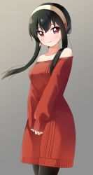Rule 34 | 1girl, bare shoulders, black hair, black pantyhose, blush, breasts, bright pupils, brown eyes, closed mouth, collarbone, cowboy shot, dot nose, dress, earrings, floating hair, gradient background, grey background, hair ornament, hairband, haru (konomi 150), highres, jewelry, long sleeves, looking at viewer, medium breasts, off-shoulder dress, off shoulder, own hands together, pantyhose, pink lips, red dress, short hair, short hair with long locks, sidelocks, simple background, sleeves past wrists, solo, spy x family, standing, wavy mouth, white hairband, yor briar