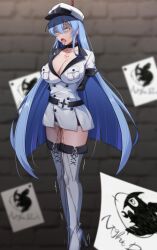 Rule 34 | 1girl, akame ga kill!, arms behind back, belt, blue eyes, blue hair, boots, breasts, choker, cleavage, corpse, cross-laced footwear, death, empty eyes, esdeath, execution, female focus, gloves, guro, hanged, highres, lace-up boots, large breasts, long hair, microskirt, military, military uniform, noose, open mouth, panties, pee, peeing, peeing self, restrained, rolling eyes, skirt, solo, thigh boots, thighhighs, tongue, tongue out, underwear, uniform, white panties, white thighhighs