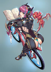 Rule 34 | 1girl, aqua background, ass, ass cutout, bicycle, blush, book, clothing cutout, dragon, from above, green eyes, highres, looking at viewer, mole, mole under eye, neoartcore, open book, original, purple hair, short hair, solo, tongue, tongue out