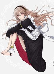 Rule 34 | 1girl, anklet, apron, barefoot, black dress, black hairband, brown hair, closed mouth, corrin (fire emblem), double-parted bangs, dress, eyelashes, feet, fire emblem, fire emblem fates, floating hair, frilled apron, frills, full body, grey background, hair between eyes, hairband, highres, hugging own legs, jewelry, juliet sleeves, knees up, long hair, long sleeves, looking at viewer, maid, maid apron, nintendo, no shoes, pink eyes, puffy sleeves, roroichi, sidelocks, sitting, smile, solo, stirrup legwear, toeless legwear, toenails, toes, white apron