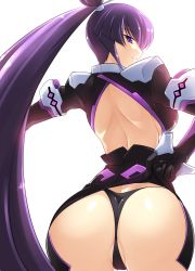 Rule 34 | 1girl, ass, back, black gloves, gloves, haganef, highres, huge ass, koubuin yuuhi, lifted by self, long hair, looking at viewer, looking back, muv-luv, outstretched arm, panties, ponytail, purple eyes, purple hair, solo, thong, underwear, upskirt, very long hair
