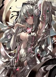 Rule 34 | 10s, 1girl, arm up, armpits, blush, breasts, center opening, clockwork planet, closed mouth, cowboy shot, detached sleeves, dress, hair ornament, long hair, long sleeves, looking at viewer, medium breasts, midriff, red eyes, ryuzu (clockwork planet), shino (eefy), silver dress, silver hair, solo