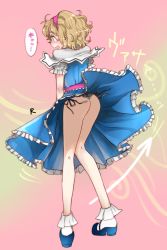 Rule 34 | 1girl, alice margatroid, ass, bad id, bad pixiv id, black panties, blonde hair, blue dress, blue eyes, capelet, clothes lift, dress, from behind, hairband, highres, lingerie, mary janes, open mouth, panties, pink background, puffy short sleeves, puffy sleeves, rosette (roze-ko), shoes, short hair, short sleeves, side-tie panties, sketch, skirt, skirt hold, skirt lift, solo, thighs, thong, touhou, underwear, upskirt, wavy hair, wavy mouth, wind, wind lift