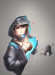 Rule 34 | !, !!, 1girl, :q, absurdres, arknights, artist name, bad id, bad pixiv id, black bra, black coat, blush, blush stickers, bra, breasts, brown hair, chibi, chibi inset, chinese commentary, cleavage, closed mouth, coat, commentary request, cosplay, criss-cross halter, cropped torso, detached collar, doctor (arknights), doctor (arknights) (cosplay), gradient background, grey background, halterneck, hand in pocket, heart, highres, hood, hood up, hooded coat, jueduihuoli, long sleeves, looking at viewer, medium breasts, o o, open clothes, open coat, priestess (arknights), purple eyes, rabbit, short hair, smile, solo focus, tongue, tongue out, underwear