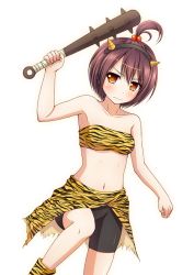 Rule 34 | 1girl, :|, animal print, ankle boots, arm up, armpits, bandeau, bike shorts, blush, boots, breasts, brown eyes, brown hair, closed mouth, club, club (weapon), cosplay, girlfriend (kari), hair bobbles, hair ornament, hairband, holding, horns, kanabou, ki (kk-sk-ray), leg lift, looking at viewer, oni, oni horns, ooyama mayuri, orange eyes, outline, purple hair, sarong, short hair, simple background, small breasts, solo, spiked club, standing, tiger print, topknot, torn clothes, waist cape, weapon, white background