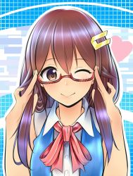 Rule 34 | 1girl, adjusting eyewear, bad id, bad pixiv id, bespectacled, blue jacket, blush, brown eyes, brown hair, closed mouth, collared shirt, commentary, glasses, grid background, hair between eyes, hair flaps, hair ornament, hands in hair, heart, hololive, jacket, long hair, looking at viewer, neck ribbon, one eye closed, red ribbon, ribbon, semi-rimless eyewear, shinomu (cinomoon), shirt, sleeveless, sleeveless jacket, sleeveless shirt, smile, solo, tokino sora, tokino sora (old design), upper body, virtual youtuber, white shirt