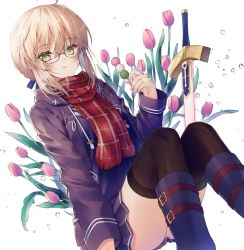 Rule 34 | 1girl, :t, artoria pendragon (fate), belt boots, black-framed eyewear, blonde hair, blue footwear, blue jacket, blue shirt, blue skirt, blush, boots, brown eyes, brown thighhighs, closed mouth, commentary request, dango, eating, excalibur (fate/stay night), fate/grand order, fate (series), feet out of frame, fingernails, flower, food, fringe trim, glasses, hair between eyes, holding, holding food, jacket, knee boots, knees up, kuro futoshi, long sleeves, looking at viewer, mysterious heroine x alter (fate), mysterious heroine x alter (first ascension) (fate), open clothes, open jacket, plaid, plaid scarf, pleated skirt, red flower, red scarf, sanshoku dango, scarf, shirt, sidelocks, skirt, solo, thighhighs, thighhighs under boots, wagashi, white background