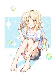 Rule 34 | 1girl, bang dream!, barefoot, blonde hair, bottle, bubble, bubble pipe, dolttagpul (glue dream), holding, holding bottle, jewelry, knees up, long hair, looking at viewer, pendant, pinky out, short sleeves, shorts, sitting, smile, solo, sparkle, tsurumaki kokoro, twitter username, yellow eyes