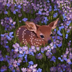 Rule 34 | animal, animal focus, blue flower, deer, flower, grass, highres, mila (smoluglies), on grass, original, purple flower