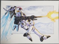 Rule 34 | commentary, english commentary, firing, flying, from side, gun, gundam, gundam wing, henry (vegeta8259), highres, holding, holding gun, holding weapon, mecha, mobile suit, mountain, no humans, robot, science fiction, snowing, solo, tallgeese, traditional media, visor, weapon