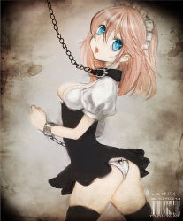 Rule 34 | 1girl, ass, barcode, bdsm, blue eyes, bondage, borrowed character, bound, breasts, chain, cleavage, collar, cuffs, duca, leash, looking back, maid, maid headdress, original, panties, pink hair, slave, small breasts, solo, takagi (tansuke), thighhighs, tongue, underwear, white panties, zettai ryouiki
