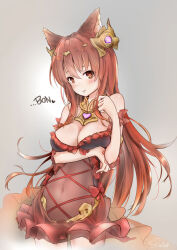 Rule 34 | 1girl, animal ear fluff, animal ears, anthuria, blush, breasts, brown eyes, brown hair, cleavage, dress, granblue fantasy, grey background, groin, hair ornament, head tilt, heart, heart-shaped pupils, jewelry, large breasts, legs, long hair, looking at viewer, navel, red dress, red skirt, shimono (utapre), skirt, sleeveless, sleeveless dress, smile, solo, standing, symbol-shaped pupils, thigh gap, thighs