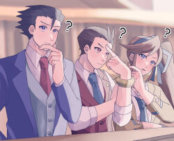 Rule 34 | 1girl, 2boys, ?, ace attorney, antenna hair, apollo justice, athena cykes, black hair, blue jacket, blue necktie, blue ribbon, blue vest, blurry, blurry background, bracelet, brown hair, buttons, closed mouth, collared shirt, crossed arms, earrings, hair ribbon, hand on own chin, hand on own hip, highres, jacket, jewelry, lapel pin, lapels, layered sleeves, long sleeves, multiple boys, necklace, necktie, parted lips, phoenix wright, pointing at forehead, purple eyes, red eyes, red necktie, red vest, ribbon, sakami ameka, shirt, short hair, sidelocks, sleeve cuffs, sleeves past elbows, spiked hair, suit jacket, thinking, very short hair, vest, white shirt, yellow jacket