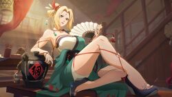 Rule 34 | 1girl, absurdres, alcohol, blonde hair, breasts, hand fan, highres, japanese clothes, kimono, large breasts, naruto (series), official art, paper fan, smile, solo, tagme, tsunade (naruto), wine