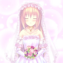 Rule 34 | 00s, 1girl, bad id, bad pixiv id, blush, bouquet, colette brunel, dress, closed eyes, flower, incoming kiss, rose, shiwasuzuki, solo, tales of (series), tales of symphonia, wedding dress, white background, white theme