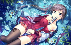 Rule 34 | 1girl, :o, aqua eyes, bekkankou, between breasts, black hair, black thighhighs, blush, breasts, flower, from above, long hair, long sleeves, looking at viewer, partially submerged, petals, ponytail, sheath, sheathed, side ponytail, solo, strap slip, sword, thighhighs, water, weapon