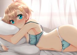 Rule 34 | 1girl, absurdres, aqua bra, aqua eyes, aqua panties, backlighting, bed sheet, blush, bow, bow panties, bra, closed mouth, commentary, curtains, frilled bra, frills, frown, hair ornament, hairclip, highres, kuzukiri (riezenagel), light brown hair, looking at viewer, lying, navel, hugging object, on bed, on side, original, panties, pillow, pillow hug, ria (kuzukiri), short hair, solo, strap slip, sweatdrop, underwear, underwear only