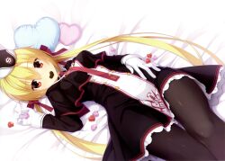 Rule 34 | 1girl, absurdres, arihara nanami, bed sheet, beret, between breasts, black capelet, black dress, black hat, black pantyhose, black sleeves, blonde hair, blush, breasts, candy, capelet, chocolate, chocolate heart, closed mouth, dress, eyebrows hidden by hair, eyelashes, food, food in mouth, frilled dress, frills, fringe trim, gloves, hair between eyes, hair ribbon, hand on own hip, hat, heart, heart-shaped pillow, highres, kobuichi, long hair, long sleeves, looking at viewer, low twintails, lying, medium breasts, military hat, miniskirt, necktie, necktie between breasts, official art, on back, open hand, pantyhose, pillow, red eyes, red necktie, red ribbon, ribbon, riddle joker, sidelocks, skirt, smile, solo, thigh gap, thighs, tie clip, twintails, very long hair, white gloves