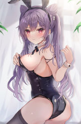 Rule 34 | 1girl, absurdres, artist request, ass, bare shoulders, blush, breasts, detached collar, embarrassed, from behind, genshin impact, highres, keqing (genshin impact), leotard, long hair, looking at viewer, maruro, medium breasts, playboy bunny, purple hair, rabbit ears, red eyes, shiny clothes, shiny skin, sideboob, solo, thighhighs, twintails, very long hair