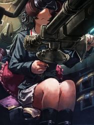 Rule 34 | 10s, 1girl, aiming, black hair, blush, commentary request, covered eyes, dark, faux traditional media, from below, frown, girls und panzer, isuzu hana, lain, legs together, long hair, machinery, military, military vehicle, motor vehicle, serious, sitting, skirt, solo, sunlight, tank, tank interior, uniform, vehicle