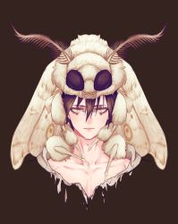 Rule 34 | 1boy, animal, animal hat, animal on head, black hair, bug, closed mouth, collarbone, dokuga, dorohedoro, eyelashes, facial mark, hair between eyes, hat, highres, insect, male focus, moth, on head, pectorals, portrait, short hair, simple background, solo, straight-on, symbol-shaped pupils, yellow eyes, zoujieyuan