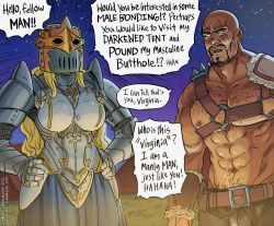 Rule 34 | 1boy, 1girl, abs, armor, bald, barbarian, bb (baalbuddy), belt, blonde hair, boobplate, breastplate, breasts, bulge, colorized, commentary, english commentary, english text, female knight, gauntlets, hands on own hips, helmet, highres, himerosy, knight, large breasts, muscular, muscular male, night, night sky, nipples, original, pauldrons, scar, scar on face, shoulder armor, sky, star (sky), tent, virginia kissless