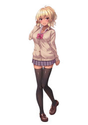 Rule 34 | 1girl, :d, absurdres, alternate color, black thighhighs, blonde hair, blush, bow, bowtie, brown footwear, cardigan, facial tattoo, full body, gyaru, heart, heart tattoo, highres, kanae (studio yama roman), kogal, loafers, looking at viewer, open mouth, original, pink bow, plaid, plaid skirt, pleated skirt, ponytail, red eyes, school uniform, shiny clothes, shiny skin, shoes, short hair, sidelocks, simple background, skirt, smile, solo, standing, striped, striped bow, studio yama roman, tan, tattoo, thighhighs, white background, zettai ryouiki