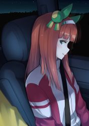 Rule 34 | 1girl, animal ears, blue eyes, car interior, commentary request, ear covers, hairband, highres, horse ears, horse girl, jacket, long hair, long sleeves, looking at viewer, negahami, night, orange hair, profile, reflection, safety belt, silence suzuka (umamusume), smile, solo focus, team spica&#039;s trainer, track jacket, umamusume