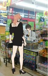 1boy 1girl alternate_costume black_dress dress from_behind genderswap genderswap_(mtf) genshin_impact greyscale hamtaru542899 japanese_text monochrome mors_gn scar scars_all_over shopping shopping_cart supermarket tartaglia_(genshin_impact) too_many twitter white_background zhongli_(genshin_impact)