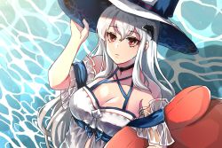 Rule 34 | 1girl, arknights, bare shoulders, black choker, breasts, choker, cleavage, closed mouth, collarbone, dolphin hair ornament, hand on headwear, large breasts, long hair, looking at viewer, muzi (muaz), official alternate costume, on water, one-piece swimsuit, red eyes, silver hair, skadi (arknights), skadi (waverider) (arknights), solo, swimsuit, upper body, water, white headwear, white one-piece swimsuit
