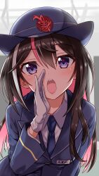 Rule 34 | 1girl, alternate costume, azki (hololive), black hair, blazer, blue hat, blue jacket, blue nails, blurry, blurry background, collared shirt, colored inner hair, dress shirt, gloves, hand up, hat, highres, hololive, jacket, leaning forward, long skirt, looking at viewer, mole, mole under eye, multicolored hair, name tag, open mouth, pink hair, purple eyes, shirt, skirt, solo, streaked hair, train conductor, train station, uniform, upper body, virtual youtuber, white gloves, white hair, white shirt, yuto (dialique)