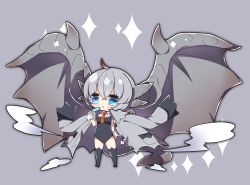Rule 34 | 1girl, black leotard, black thighhighs, blue eyes, breasts, commentary request, covered navel, dragon girl, dragon horns, dragon tail, dragon wings, food, grey background, grey hair, grey jacket, grey wings, hair between eyes, highres, holding, holding food, horns, jacket, jacket on shoulders, kushala daora, leotard, medium breasts, milkpanda, monster hunter (series), no shoes, personification, popsicle, short eyebrows, simple background, smoke, solo, sparkle, standing, strapless, strapless leotard, tail, thick eyebrows, thighhighs, wings