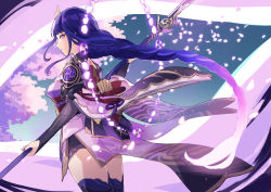 Rule 34 | 1girl, 8 (e uu88), armor, braid, breasts, bridal gauntlets, cherry blossoms, cleavage, closed mouth, commentary request, electricity, engulfing lightning (genshin impact), eyelashes, eyeliner, falling petals, genshin impact, gloves, glowing, highres, japanese clothes, kimono, long hair, looking at viewer, low-braided long hair, low-tied long hair, makeup, medium breasts, mitsudomoe (shape), mole, mole under eye, nail polish, obi, obiage, obijime, off shoulder, parted lips, pauldrons, petals, polearm, purple eyes, purple hair, purple kimono, purple nails, raiden shogun, red eyeliner, sash, shoulder armor, shrug (clothing), sideways glance, single pauldron, solo, spear, sword, tassel, thighhighs, tomoe (symbol), upper body, vision (genshin impact), weapon